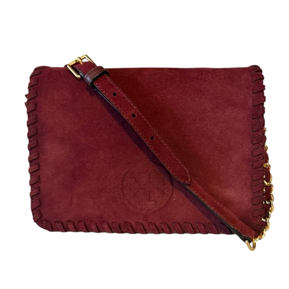 Tory Burch Marion Suede Burgundy Crossbody Stitched Flap Host Pick! - Picture 4 of 16